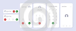 Phone call screen template. Mobile smartphone with touchscreen dialing and answering interface, smartphone app UI mockup