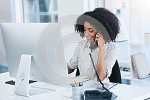 Phone call, secretary or black woman in business for writing, contact or conversation for planning. PA, receptionist or