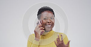 Phone call, smile and black woman with conversation, contact and discussion on a white studio background. African person