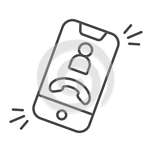 Phone call thin line icon, telephone and smartphone, incoming call sign, vector graphics, a linear pattern on a white