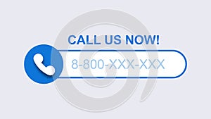 Phone call us now template. Blue mobile call with subscriber number modern digital user connection.