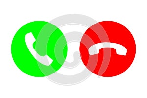 Phone call vector flat icon set with green call out or answer button and red hang up or decline button. Design for website, mobile