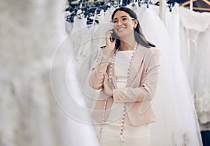 Phone call, wedding dress and tailor woman in studio for communication or planning. Feedback, style and fashion designer