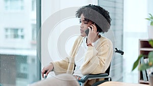 Phone call, wheelchair and a business woman with a disability talking in an office for problem solving. Mobile, contact