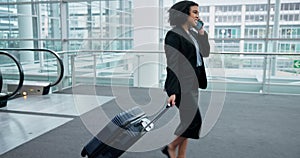 Phone call, woman on escalator and suitcase at airport, business communication and talking for travel. Mobile, happy and