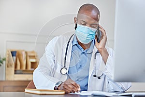 Phone call, writing and doctor black man in mask at hospital for appointment or medical consulting. Computer, notebook