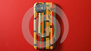 A phone case with a bold and geometric pattern mimicking the straight organization of bamboo groves. photo