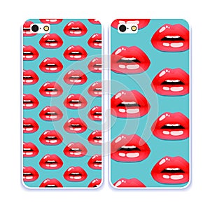 Phone case collection.Cosmetics and makeup pattern. Open mouth. Sweet kiss.Retro mobile phone decals.