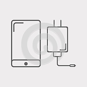 Phone with charger on a light background, executed in lines. Vector. photo