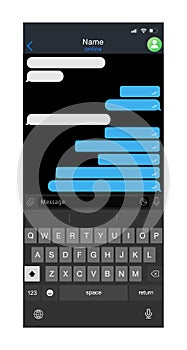 Phone chat with messages and mobile keyboard on screen for text conversation. Vector bubble interface template for cell smartphone