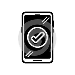 Phone with check mark icon. Black smartphone icon with check mark. Vector illustration