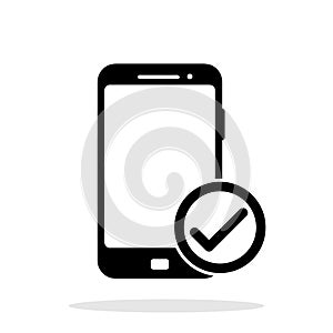 Phone with check mark icon. Black smartphone icon with check mark. Vector illustration