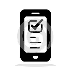 Phone with check mark icon. Black smartphone icon with check mark. Vector illustration