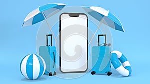 Phone with colorful suitcases or baggage with beach accessories on blue background.