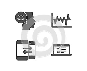 Phone communication, Stock analysis and Good mood icons. Web lectures sign.