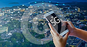 Phone computer 5g Earth businessman connect worldwide waiter hand holding an empty digital tablet with smart and 5G network connec