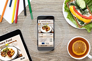 Phone and computer tablet with app delivery food on screen