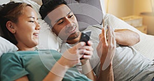 Phone, couple and video mobile streaming of people in bed looking at social media app content. Internet, technology and