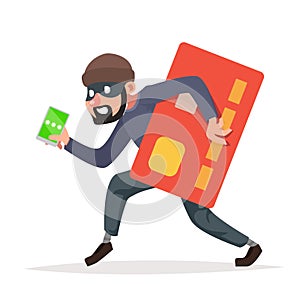 Phone credit card data steal thief escape internet character cartoon retro design vector illustration