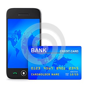 Phone and credit card on white background