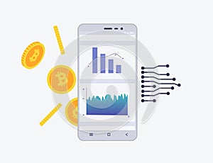 Phone with crypto currency on the screen. Bitcoin trading concept. Diagram and statistic for mobile app