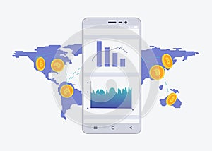 Phone with crypto currency on the screen with map on the background. Bitcoin trading concept. Diagram and statistic for