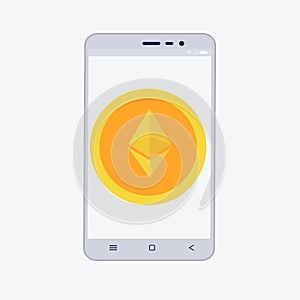 Phone with cryptocurrency on the screen. etherium trading concept