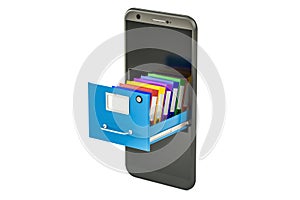 Phone data storage. Smartphone with folders in filing cabinet, 3