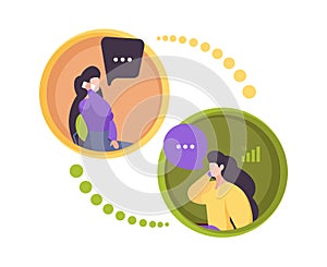 Phone dialogue. Two persons smartphone communication calling characters garish vector flat illustrations
