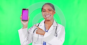 Phone, doctor and woman pointing on green screen in healthcare service, contact and telehealth. Face of medical nurse or