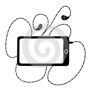 A phone with earpieces. Black and white illustration for coloring book. Vector outline illustration.