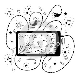 A phone with earpieces. Black and white illustration for coloring book. Vector outline illustration. photo