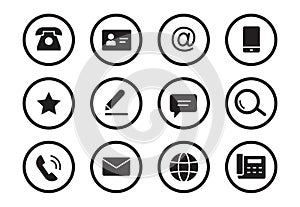 Phone, email contact icon. Mail, telephone adress, message symbol for website button. Black solid pictogram design style