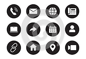 Phone, email contact icon. Mail, telephone adress, message symbol for website button. Black solid pictogram design style