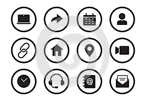 Phone, email contact icon. Mail, telephone adress, message symbol for website button. Black solid pictogram design style