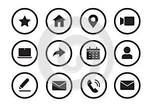 Phone, email contact icon. Mail, telephone adress, message symbol for website button. Black solid pictogram design style