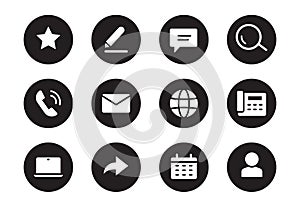 Phone, email contact icon. Mail, telephone adress, message symbol for website button. Black solid pictogram design style