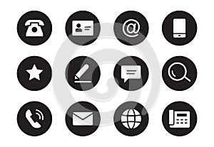 Phone, email contact icon. Mail, telephone adress, message symbol for website button. Black solid pictogram design style