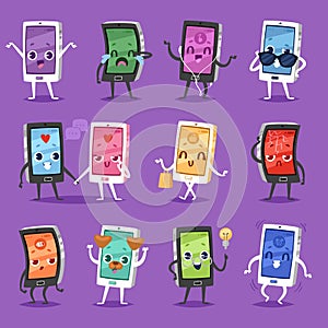 Phone emoji vector gadget character smartphone or tablet with face expression illustration emotional set of digital
