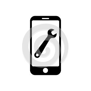 Phone with flat spanner icon symbol for app and web