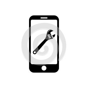 Phone with flat spanner icon symbol for app and web