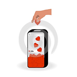 The phone in the form of a piggy bank collects likes. The hand puts the heart into the money box. The concept of people