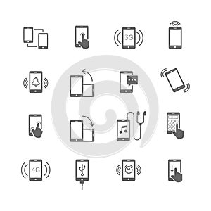 Phone functions and phone technologyflat gray icons set of 16