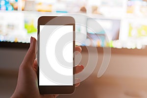 Phone in girl`s hand, white screen