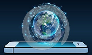 Phone and Globe surrounded by a virtual data network