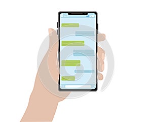 Phone in hand chat correspondence WhatsApp support press the screen print illustration