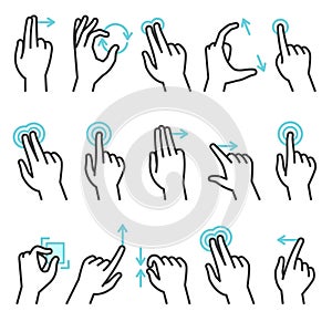 Phone hand gestures. Hand gesture for touchscreen devices, slide touch phone. Zoom move swipe press finger actions photo