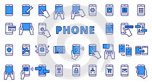 Phone in a hand icon set line design blue. Smartphone, Phone, phone icon, Call, NFC, Core, Contact, Screen, Message