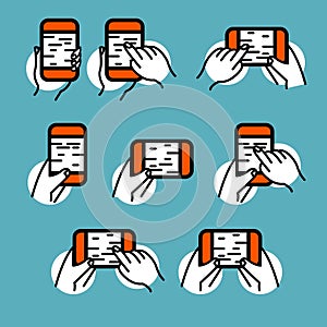 Phone in hand icon vector set. Hand gestures on smartphone touch