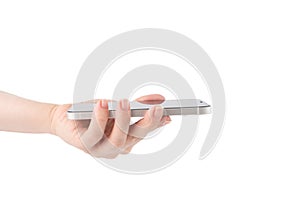 Phone in hand,smartphone, mobile gadget on white background